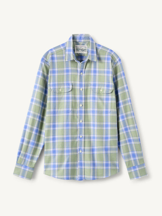 Men’s Sage Green & Sky Blue Plaid Flannel Button-Up Shirt – Soft Cotton Long Sleeve Casual Shirt (S–6XL)