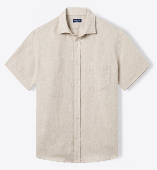 Men’s Beige Linen Blend Short Sleeve Button-Up Shirt – Lightweight Summer Casual Shirt (S–6XL)