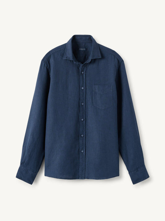Men’s Navy Linen Blend Long Sleeve Shirt – Lightweight Casual Button-Up Shirt with Chest Pocket (S–6XL)