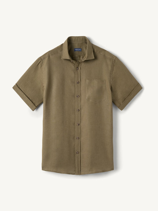 Men’s Olive Linen Blend Short Sleeve Button-Up Shirt – Lightweight Casual Summer Shirt (S–6XL)