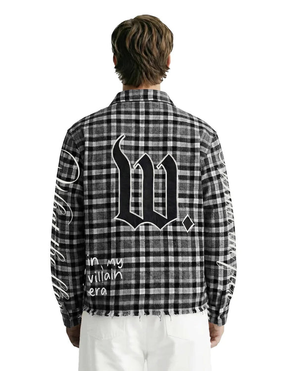 Clothav In My Villain Era Graphic Black Plaid Oversized Shirt Jacket for Men & Women | Statement Back Print Streetwear