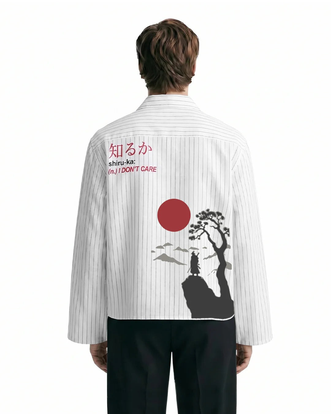 Clothav Shiru-Ka I Don't Care Graphic White Pinstripe Oversized Shirt Jacket for Men & Women | Japanese Streetwear Back Print