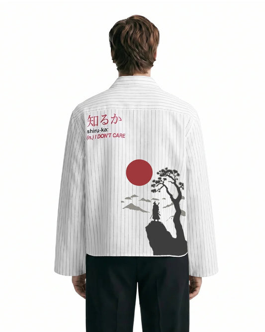 Clothav Shiru-Ka I Don't Care Graphic White Pinstripe Oversized Shirt Jacket for Men & Women | Japanese Streetwear Back Print