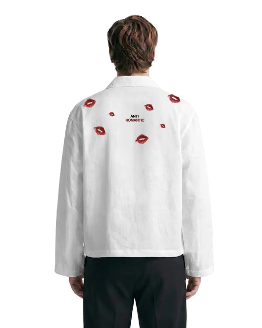 Clothav Anti Romantic Kiss Print White Oversized Shirt Jacket for Men & Women | Graphic Back Print Casual Streetwear