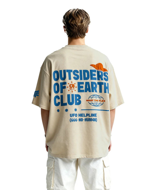 Clothav Outsiders Of Earth Club Graphic Oversized T-Shirt for Men & Women | Beige UFO Streetwear Tee