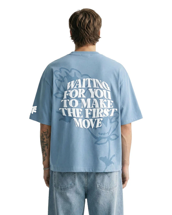 Clothav Waiting For You To Make The First Move Graphic Sky Blue Oversized T-Shirt for Men & Women | Statement Back Print Streetwear