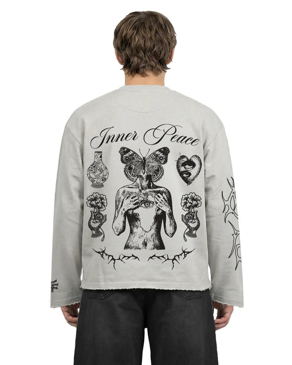 Clothav Inner Peace Graphic Oversized Full Sleeve T-Shirt for Men & Women | Off-White Abstract Art Streetwear Tee