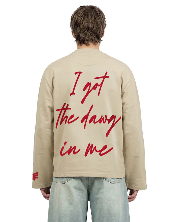 Clothav "I Got The Dawg In Me" Graphic Oversized Full Sleeve T-Shirt for Men & Women | Beige Statement Streetwear Tee
